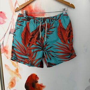Tropical Leaf Print Men Swim Shorts - Large
